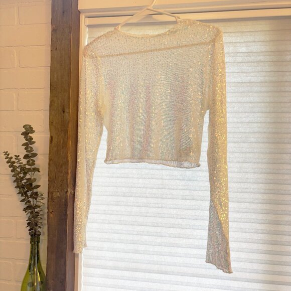 Cropped Sequin White Long Sleeve Top - Picture 2 of 3